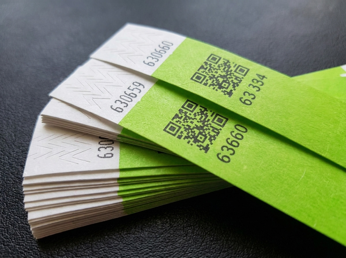 Στοίβα προσαρμοσμένων βραχιολακιών Tyvek με QR code και διαδοχική αρίθμηση, με ορατή την αδύνατο να παραβιαστεί κλειδαριά