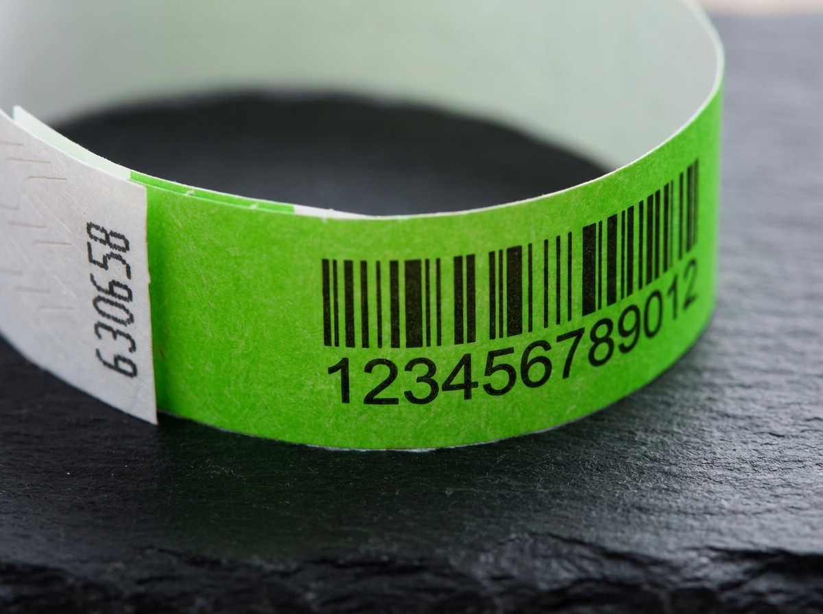 Κοντινό πλάνο βραχιολιού Tyvek με τυπωμένο barcode Code 128 και αύξοντα αριθμό, τοποθετημένο σε σκούρη επιφάνεια